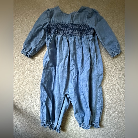 Ralph Lauren Baby Blue Denim Romper 6M Smocking Ruffle - Picture 1 of 5